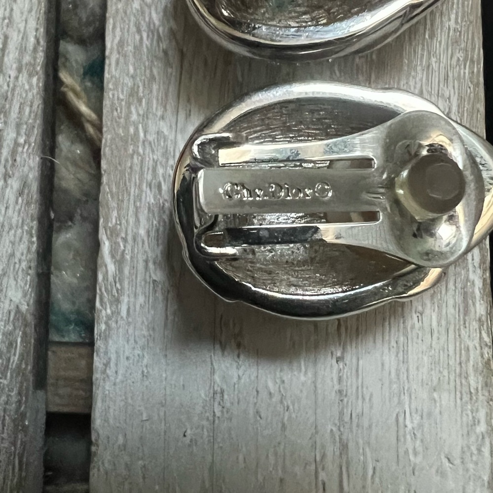 VINTAGE CHRISTIAN DIOR Silver Earrings Pave Crystal Rhinestones Clip On Retro - Picture 5 of 8